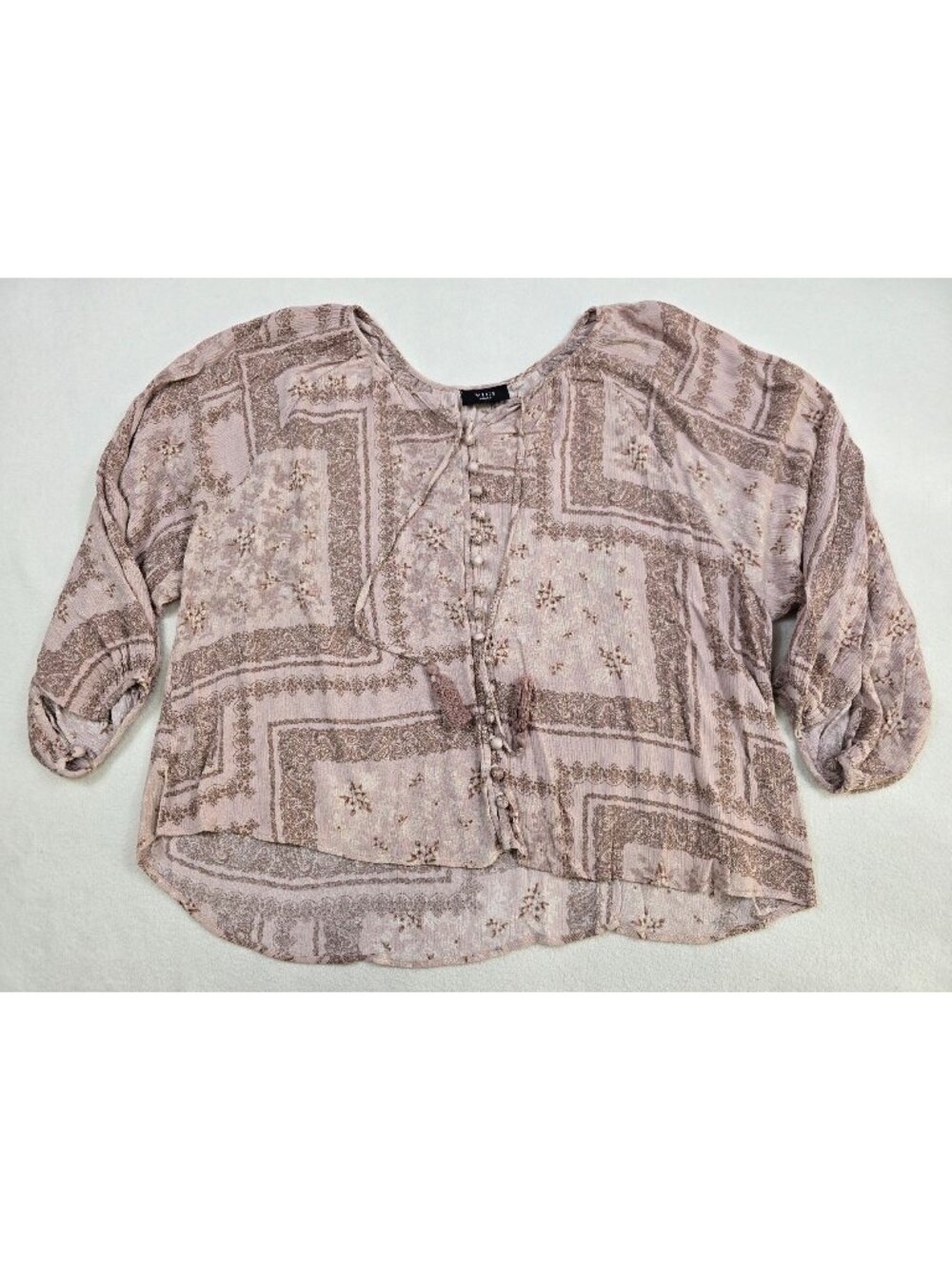 Vici Womens Small Boho Peasant Top In Mauve & Beige Tassels